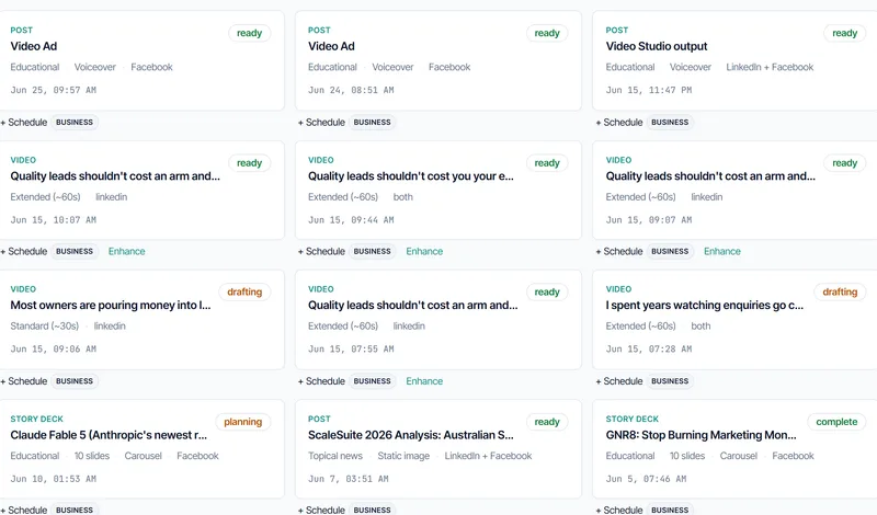 The GNR8 library with posts and videos marked ready
