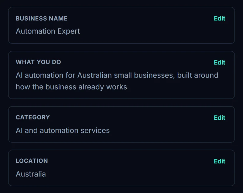 GNR8 reading back the business name and what the business does